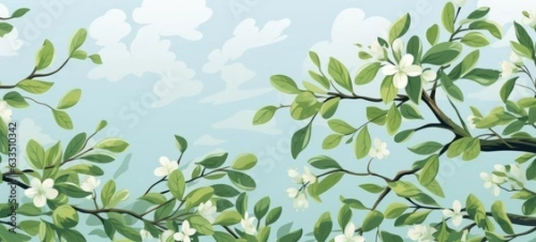 Fototapeta Apple tree leafs and sky background texture illustration. Apple leaf illustration. Horizontal banner. illustration Ai generated