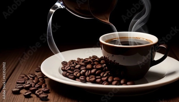 Fototapeta Cup of coffee and coffee beans in burlap sack on old wooden background.