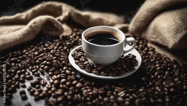 Fototapeta Cup of coffee and coffee beans in burlap sack on old wooden background.