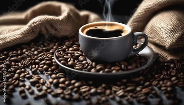 Fototapeta Cup of coffee and coffee beans in burlap sack on old wooden background.