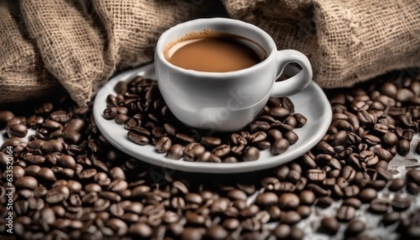 Fototapeta Cup of coffee and coffee beans in burlap sack on old wooden background.