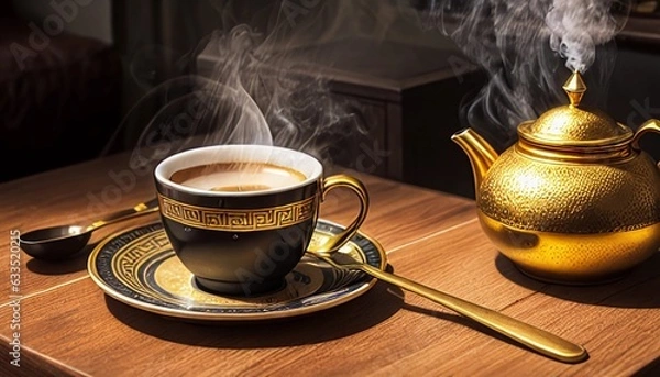 Fototapeta Cup of coffee and coffee beans in burlap sack on old wooden background.