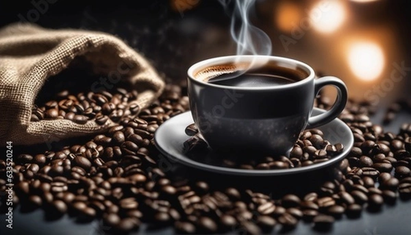 Fototapeta Cup of coffee and coffee beans in burlap sack on old wooden background.