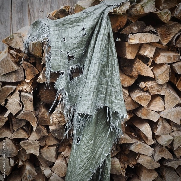 Obraz Alter Holzstapel über dem ein Fetzen einer zerrissenen Plane hängt
