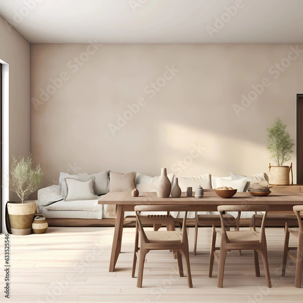 Fototapeta Cozy interior of living room, Japan style, wooden aesthetic, modern decor, minimalistic