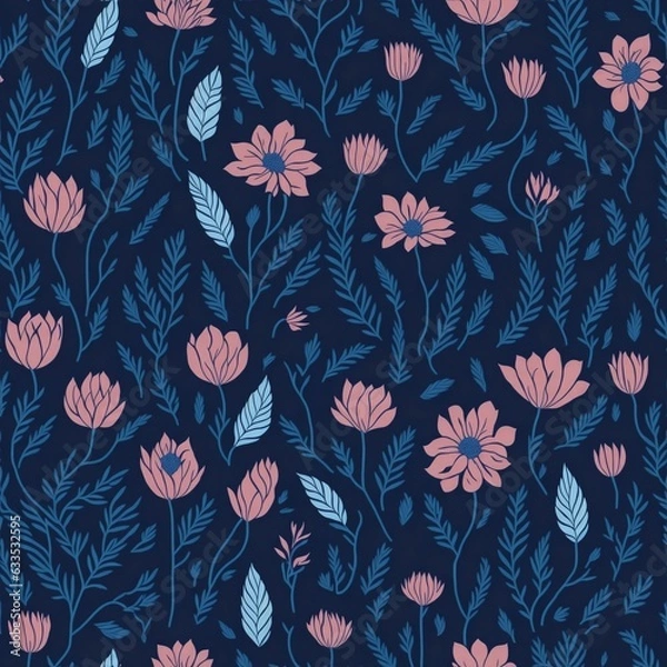 Fototapeta Seamless pattern with flowers and leaves on dark blue background.