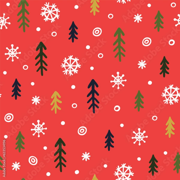 Fototapeta Christmas trees and snowflakes abstract seamless pattern