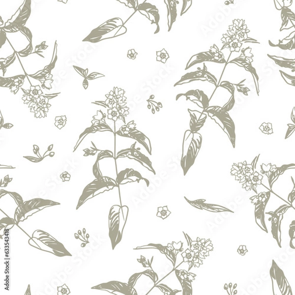 Obraz Loosestrife with flowers and grass leaves isolated on white background. Blossom wildflowers for wallpaper, textile, wrapping paper. Sketch style. Hand drawn vector seamless pattern