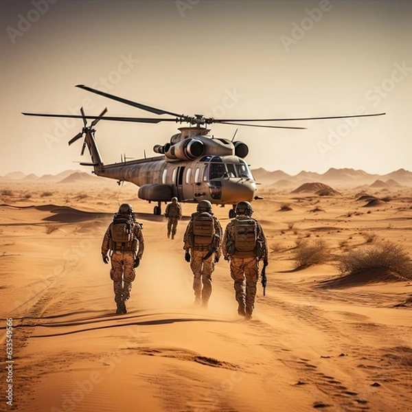Fototapeta Photography of group of soldiers in uniform with weapons walking near helicopter