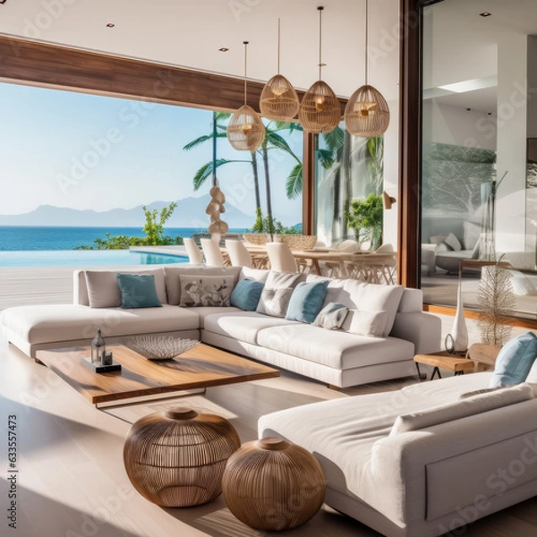 Fototapeta Villa styled outdoor living room with Hawaiian vacation themed vibes. Created using generative AI