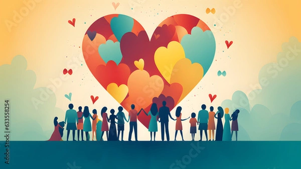 Obraz Charity illustration concept with abstract, diverse persons, hands and hearts.

