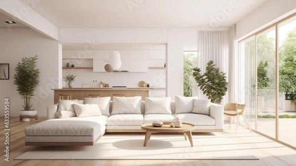 Fototapeta Warm and modern living room kitchen interior