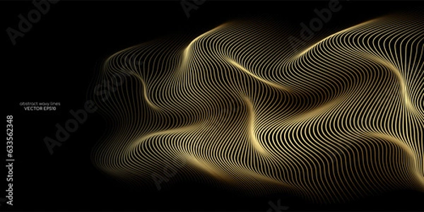 Fototapeta 3D Wektorowe linie fali Wzór gładki krzywa płynne Dynamiczne złote światło gradientowe izolowane na czarnym tle dla koncepcji luksusu, technologii, cyfrowej, komunikacji, nauki, muzyki.