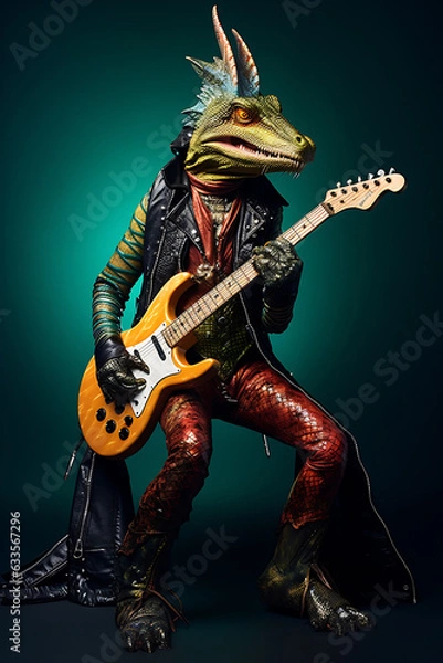 Obraz In the style of a fashion shoot, a photo of an anthropomorphic lizard on bass guitar
