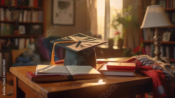 Obraz Close-up of a graduation cap placed on the table, surrounded by stacks of books