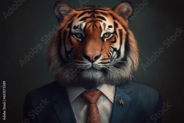 Fototapeta Anthropomorphic Tiger dressed in a suit like a businessman. Business Concept. AI generated, human enhanced