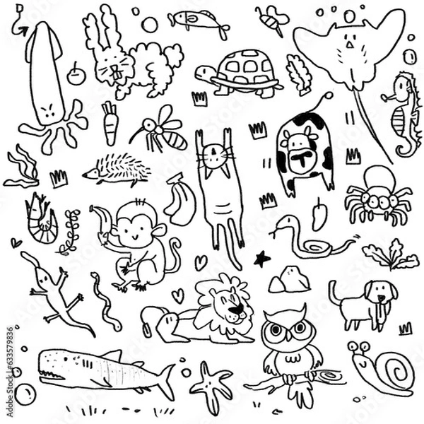 Fototapeta pattern with animals free hand drawing illustration, black line
