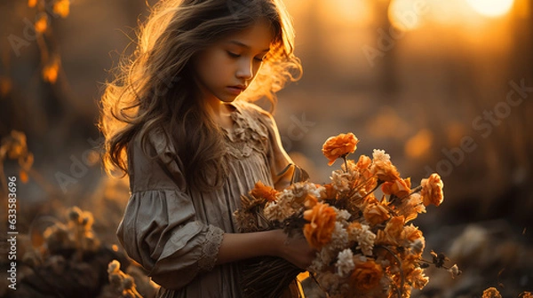 Fototapeta Child and dried flower bouquet in the soft glow of twilight, a blend of youthful wonder and nature's eternity, generative AI
