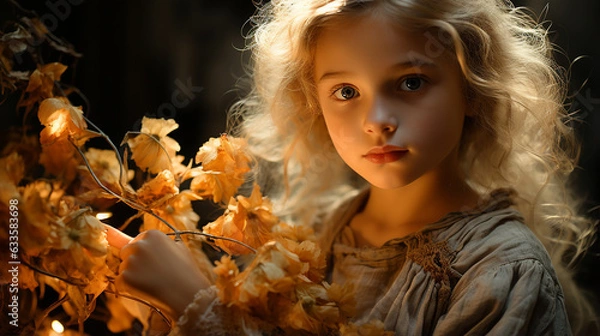 Fototapeta Child holding a bouquet of dried flowers in the embrace of twilight, where innocence meets ageless beauty, generative AI