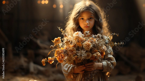 Fototapeta In the hush of twilight, a child's admiration for a bouquet of dried flowers, nature's beauty through innocent eyes, generative AI.