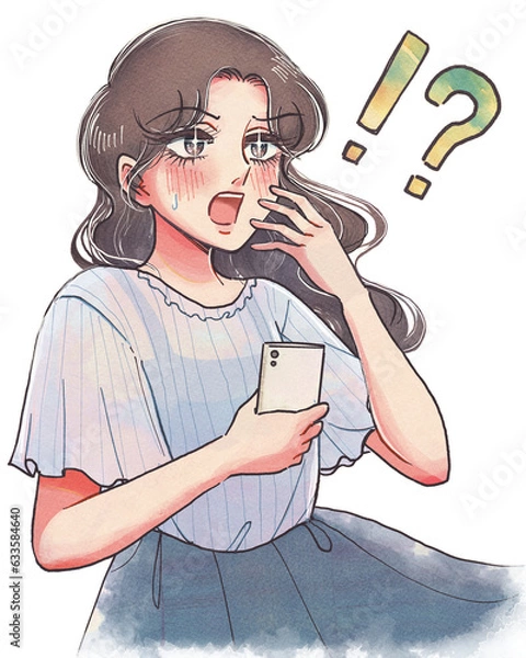 Obraz 少女漫画風・スマホを持って野次馬するお姉さんのイラスト