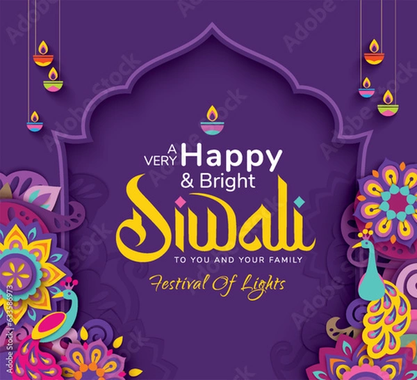 Fototapeta Happy Diwali celebration background. banner design decorated with illuminated oil lamps on patterned background. vector illustration design