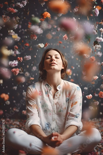 Fototapeta Girl in white clothes meditating on the background of flying multi-colored flowers