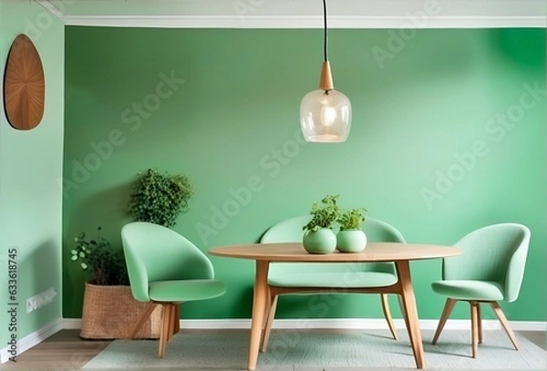 Fototapeta Mint color chairs at round wooden dining table in room with sofa and cabinet near green wall. Scandinavian, mid-century home interior design of modern living room.