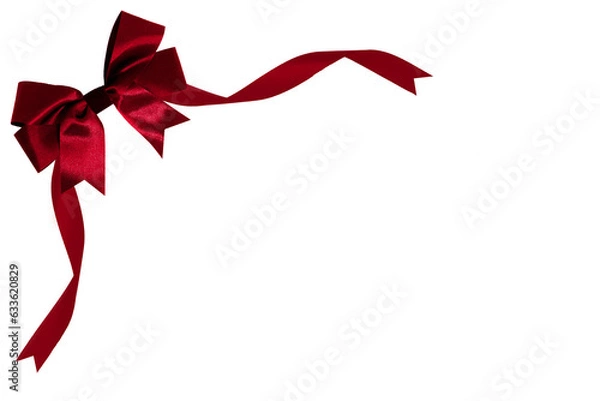 Obraz red ribbon with red bow on top left corner, transparent and white background, PNG image.
