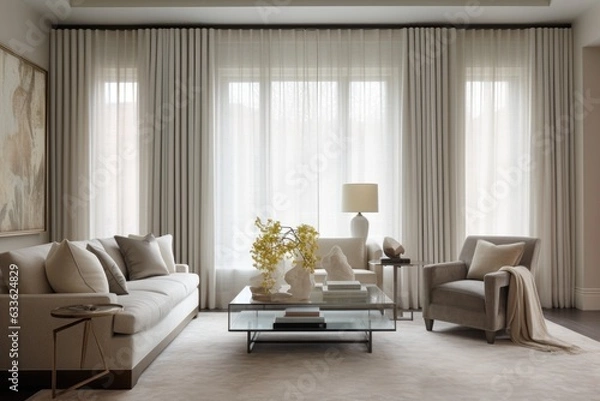Fototapeta floor-to-ceiling curtains in neutral tones