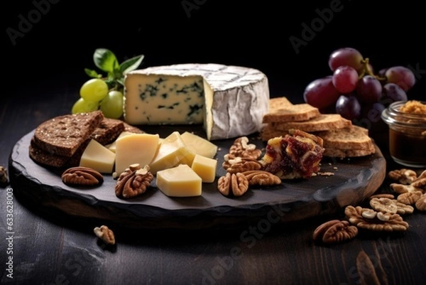 Obraz rustic cheese platter with figs and nuts on dark background