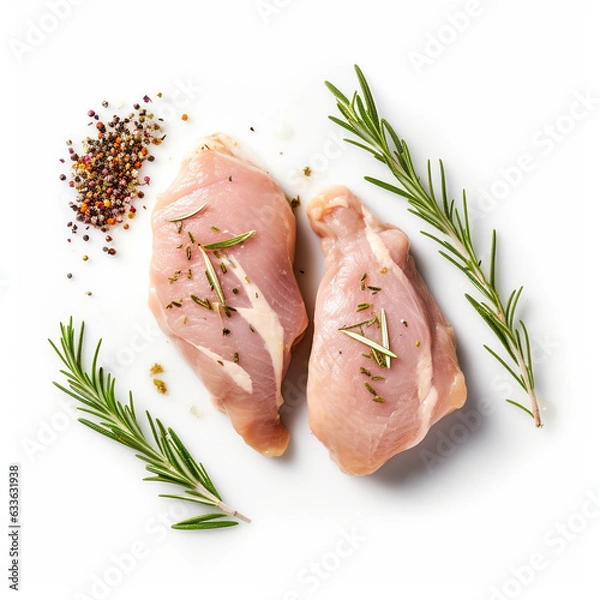 Fototapeta A piece of chicken meat with rosemary on a white background, AI generator