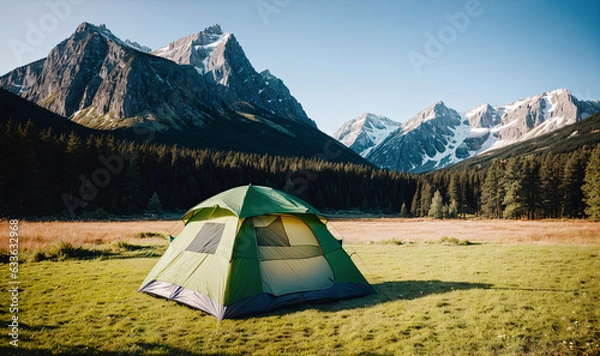 Obraz green outdoor tent camping alone on green grass with big mountains and forest in back, generative AI