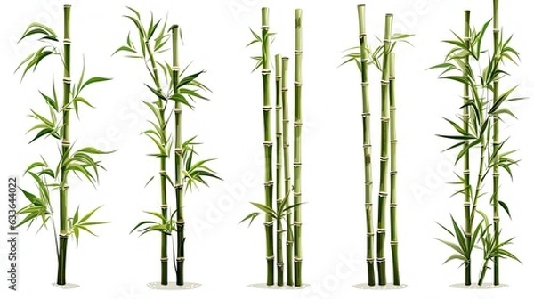 Fototapeta High-definition collection of bamboo bundles in forest trees isolated on white background