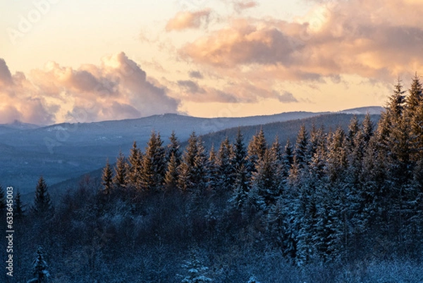 Fototapeta Golden hour with winter view on Sumava mountains