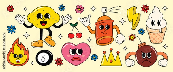 Fototapeta Zestaw wektoru elementu z lat 70.. Kolekcja postaci z kreskówek, doodle uśmiech twarz, serce, spray, cytryna, lody, korona, piorun. Śliczny retro groovy hipis design do dekoracyjnej, naklejki.