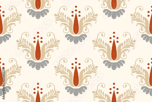 Fototapeta Ikat floral paisley embroidery on white background. Traditional ethnic ikat, aztec abstract vector pattern, seamless pattern in tribal, folk embroidery and mexican style.