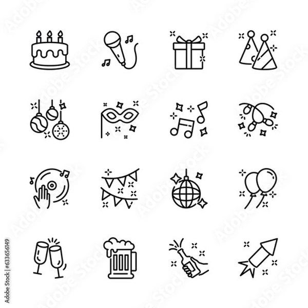 Fototapeta christmas, new year , happy celebration, party thin line icons set, such as music, gift, firework, confetti, food and wine. isolated vector illustration