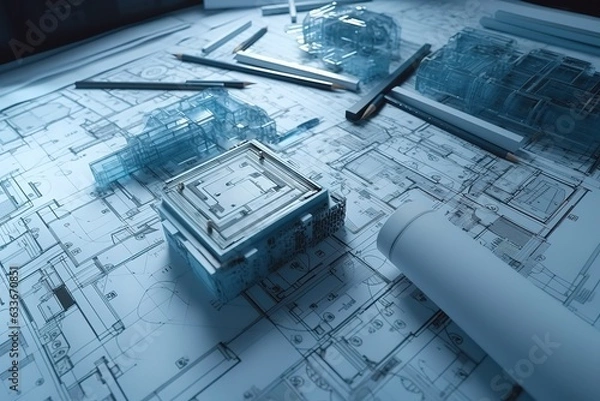 Fototapeta blueprint and tools. Generative AI