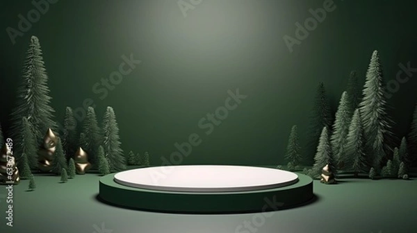 Obraz Christmas background, Christmas tree and green podium, pedestal for product presentation. 