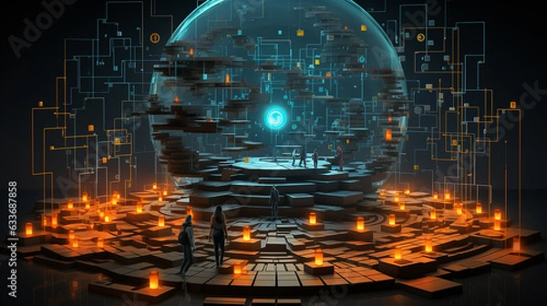 Fototapeta Radiant path through a digital labyrinth, showcasing blockchain's intricate nature and the route to success, generative AI.