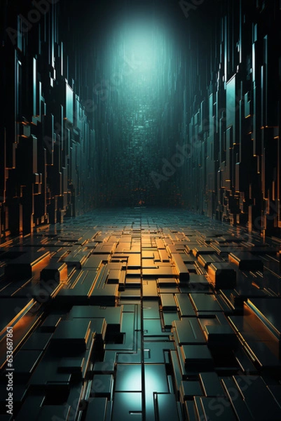 Fototapeta Les complexités de la blockchain dévoilées, un chemin lumineux serpentant à travers un labyrinthe de blocs de données, incarnant le triomphe, IA générative