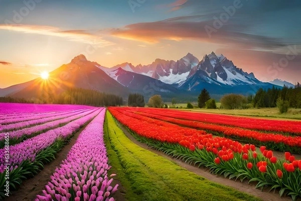 Fototapeta field of tulips in spring generated by AI tool                               
