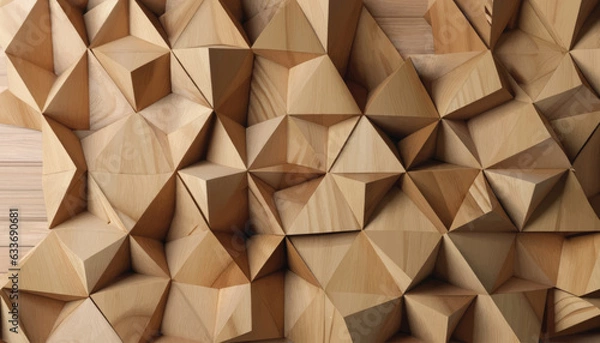 Fototapeta 3d illustration. Wooden triangles on a background of wood. Abstract low poly background. Polygonal shapes background, low poly triangles, geometric shape with wood texture render vector, illustration

