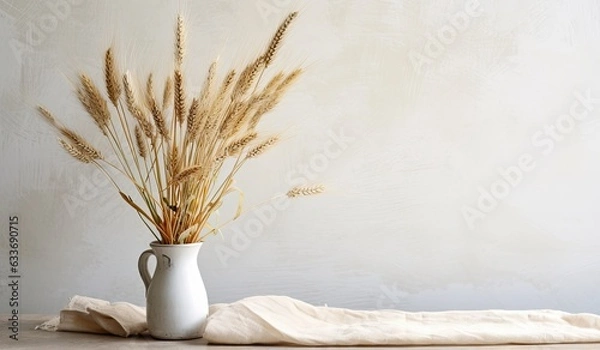 Fototapeta Bunch of compressed stems with ears. Golden wheat in white colored vase on monochrome fabric background. Wheat close up. Created with Generative AI technology.