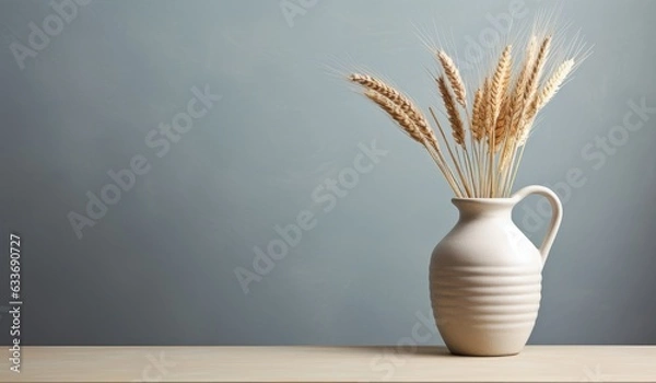 Fototapeta Bunch of compressed stems with ears. Golden wheat in white colored vase on monochrome fabric background. Wheat close up. Created with Generative AI technology.