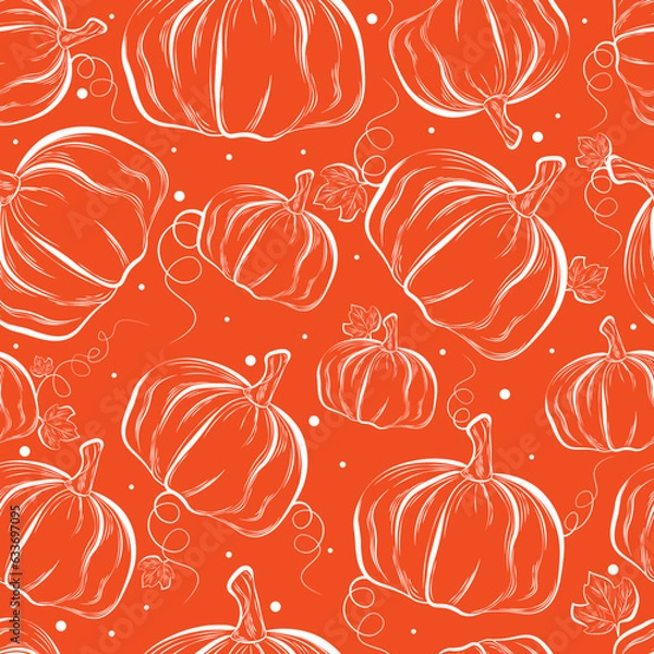 Fototapeta Seamless vector drawing with pumpkins. Hand drawn doodles. Orange color wallpaper. Botanical print on fabric, wrapping paper. Fall harvest, mid fall celebration.
