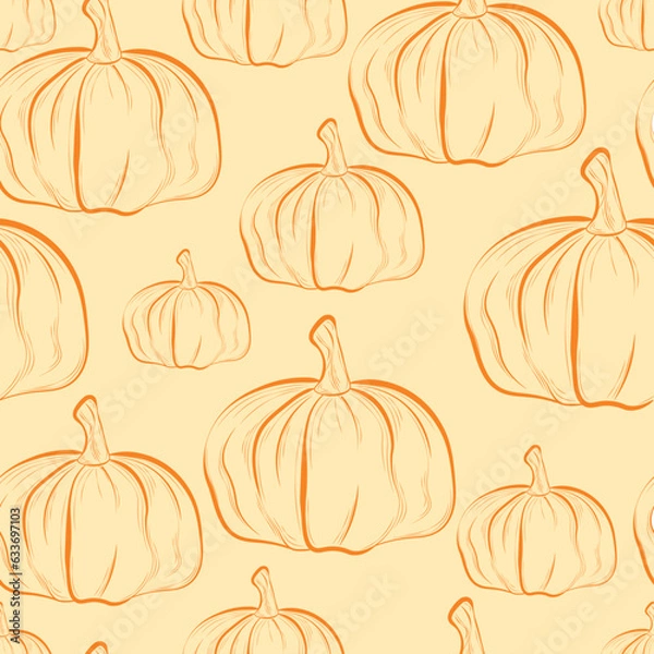 Fototapeta Seamless vector drawing with pumpkins. Hand drawn doodles. Orange color wallpaper. Botanical print on fabric, wrapping paper. Fall harvest, mid fall celebration.