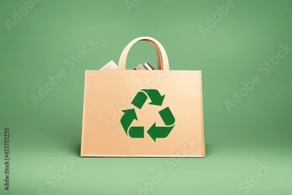 Fototapeta Responsible consumption. Recycle symbol arrows and shopping bag in paper cut style.