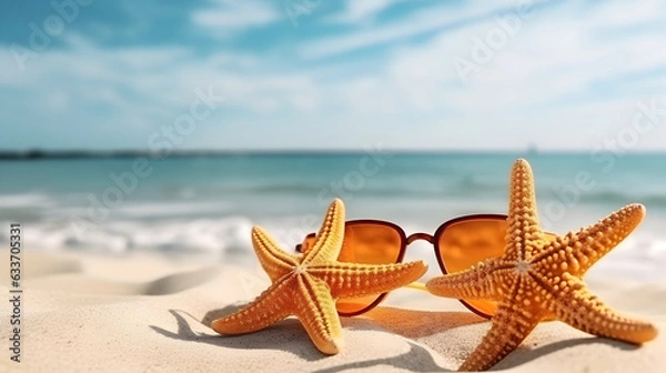 Fototapeta Sunglasses and star fish on the sand with tropical beach background